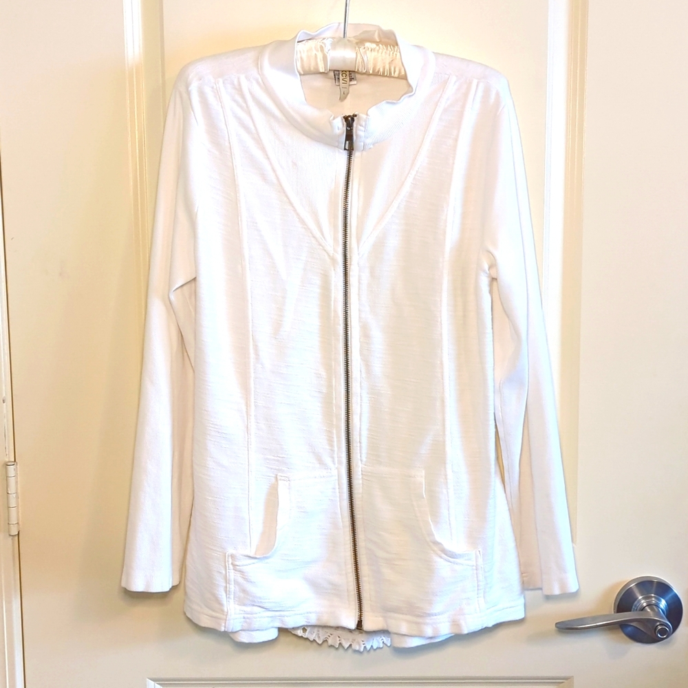 XCVI White Cotton Crochet Back Panel Full Zip Light Jacket Pockets Women's Large